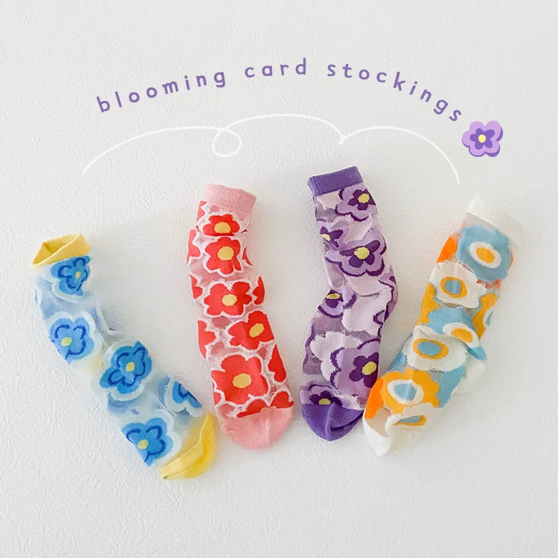 1-8 Year 4 Pairs 2022 summer color-blocking flower card crystal socks thin girls\' socks