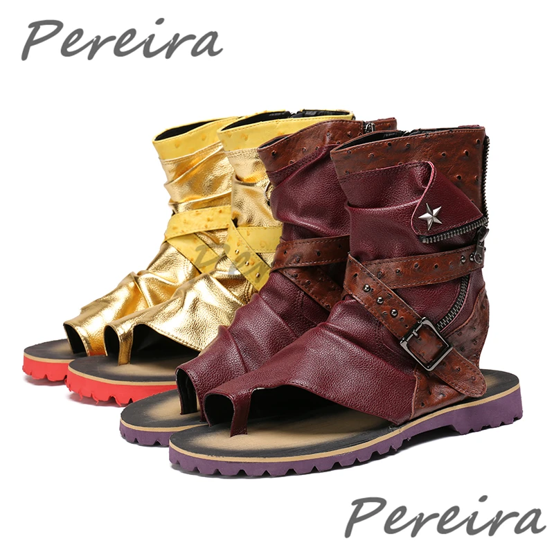 Summer New Men's Roman Sandals Retro Clip Toe Rivets Belt Buckles Side Zipper Sandal Boots Trendy Cow Leather Beach Casual Shoes