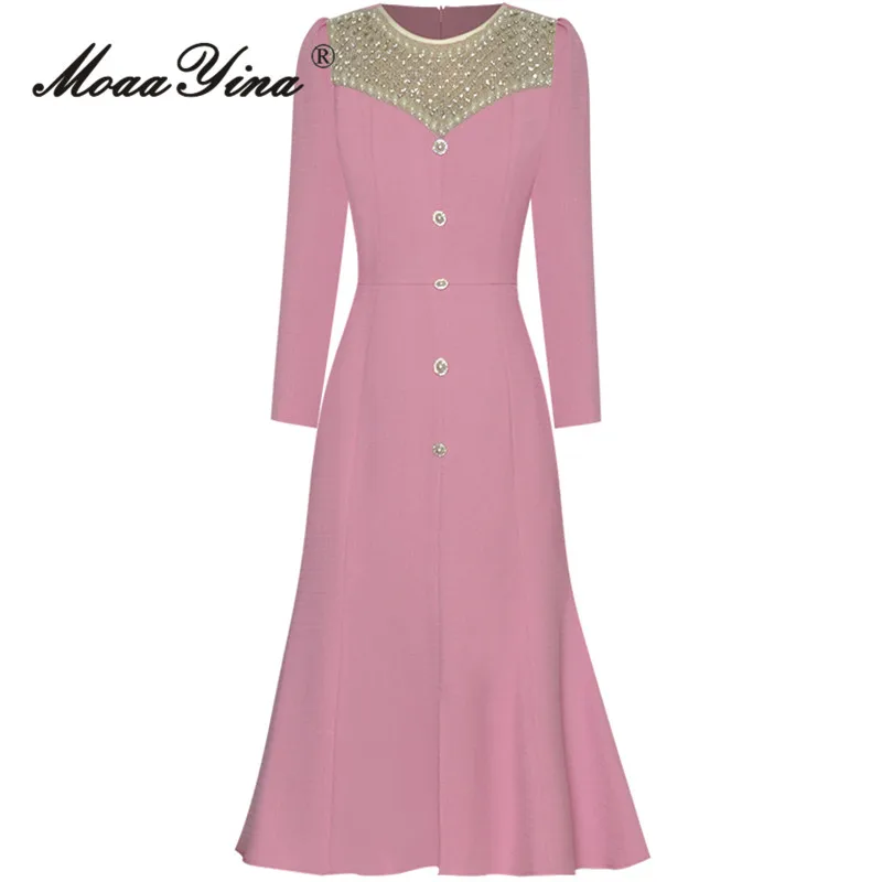 

MoaaYina Summer Fashion Designer Pink Vintage Party Dress Women's O Neck Diamond Beading Button High Waist Slim Slit Midi Dress