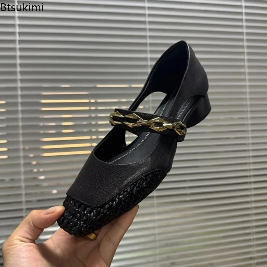 New 2026 Women's Cutout Shoes Square Toe Shallow Mouth Breathable Sandals Summer Fashion Woven Metal Chain Mid Heel Single Shoes