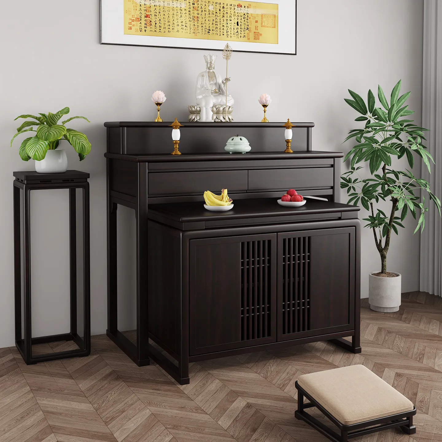 PYH solid wood new Chinese-style steps platform Buddhist temple shrine modern simple black walnut set cabinet