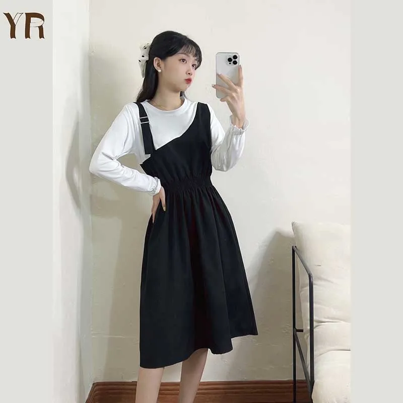 Sweet O-Neck Spliced Shirring Fake Two Pieces Midi Dress Female Clothing 2024 Spring New Loose Butterfly Sleeve Casual Dresses