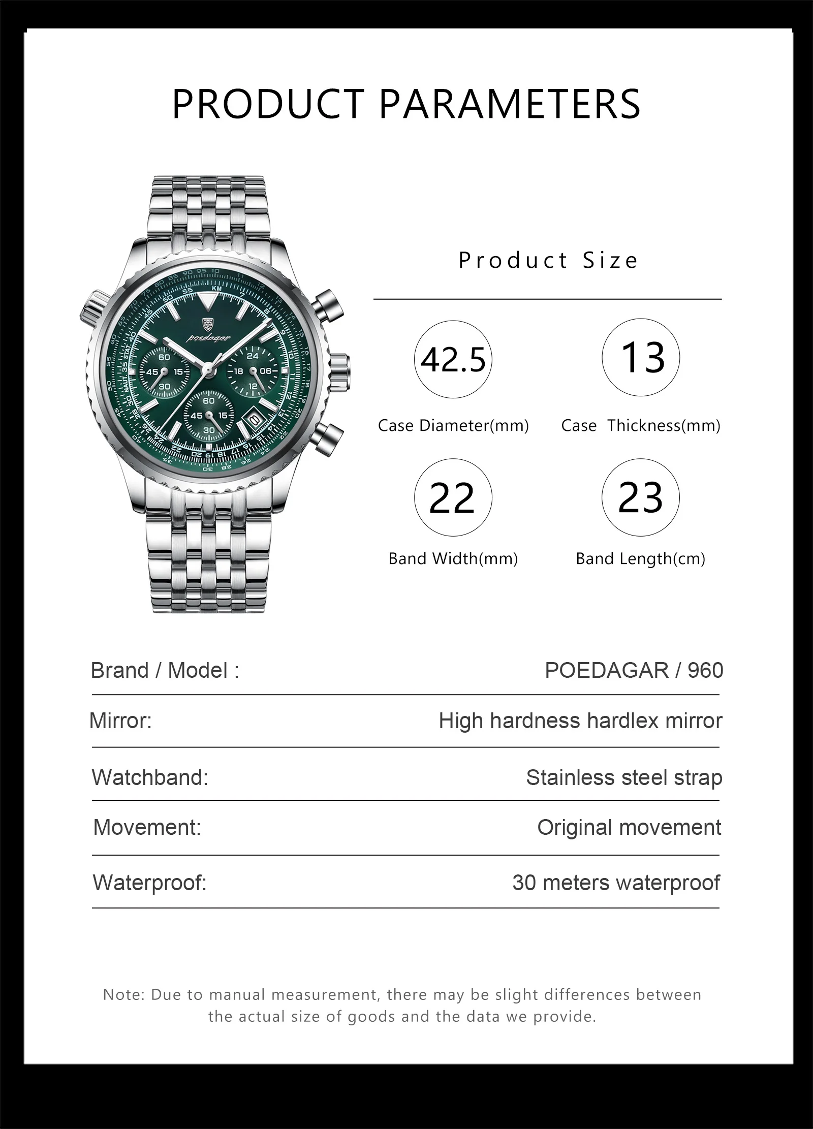 POEDAGAR Luxusuhren für Herren, Datum, Chronograph, Edelstahl, Sport-Herrenuhr, wasserdicht, leuchtender Quarz, Militär-Herrenuhr – Detail 10
