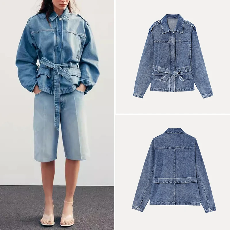 

Spring 2025 Women's Denim Jaet with Belted Waist And Stand Collar Street Sle ort Outerwear Polyester Fiber 00%