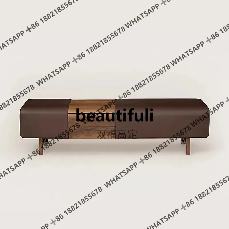 

Italian minimalist end stool walnut solid wood saddle leather storage shoe changing stool bedroom furniture leather bench