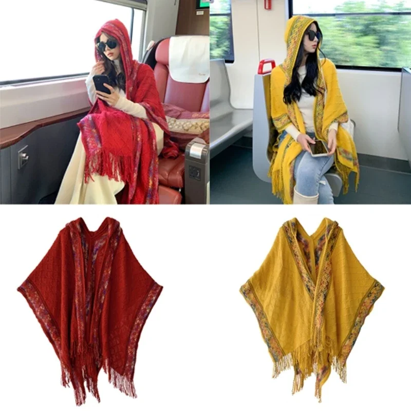 Elegant Capes Shawl with Fringes Outdoor Indoor Thin Poncho Capes for Women Vacation Poncho Shawl Bohemias Hooded Shawl