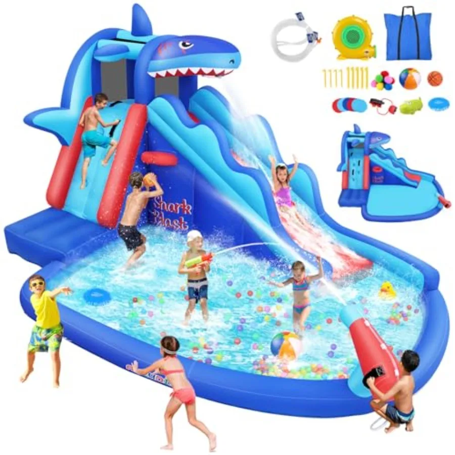 

Inflatable Water Slide Bounce HouseShark Water Bouncy House with Slide for Big 3-12 Water Park Outdoor/Indoor Water Slide for B