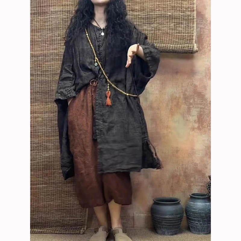 Primavera verão artes estilo feminino batwing manga camisa de comprimento médio único breasted vintage listrado algodão linho blusa boa qualidade