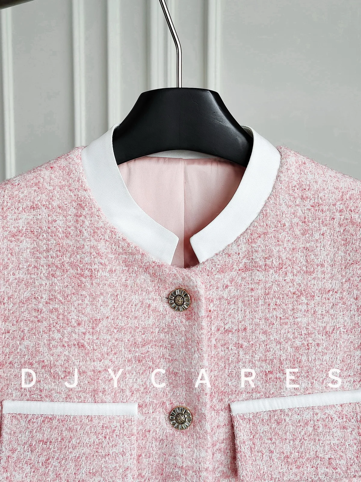 New Coarse tweed sweet light powder heavy-duty spliced jacket wool short top big  size