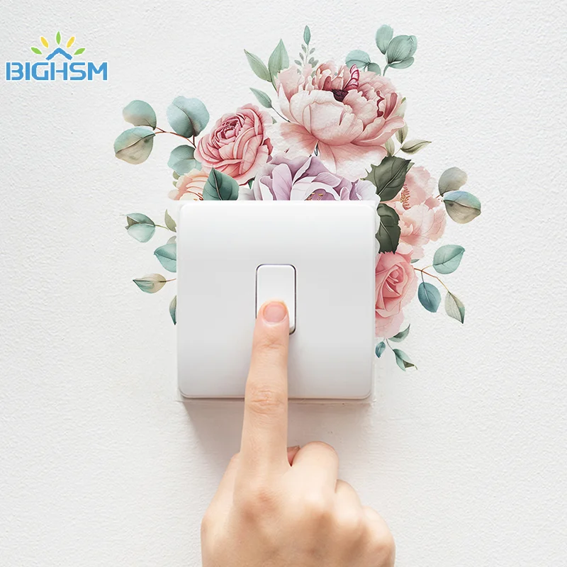 Pegatinas de interruptor de flores, hojas verdes, plantas, papel tapiz autoadhesivo, decoración del hogar