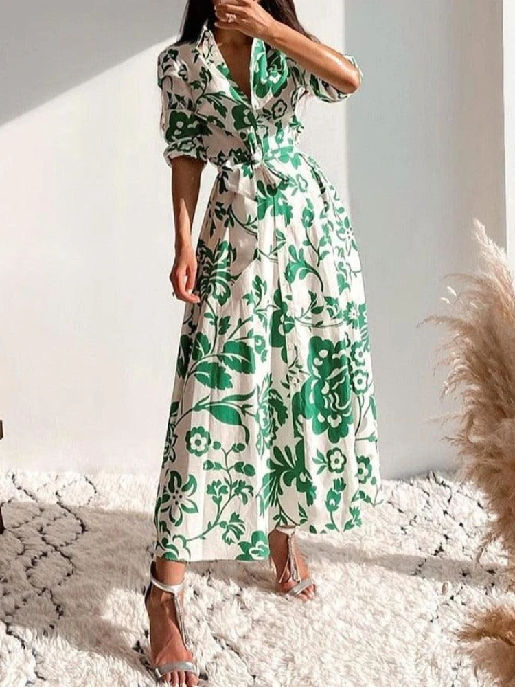 Novo elegante impresso floral solto camisa feminina vestido lapela estilo casual rendas até festa médio longo vestido botão cardigan roupas