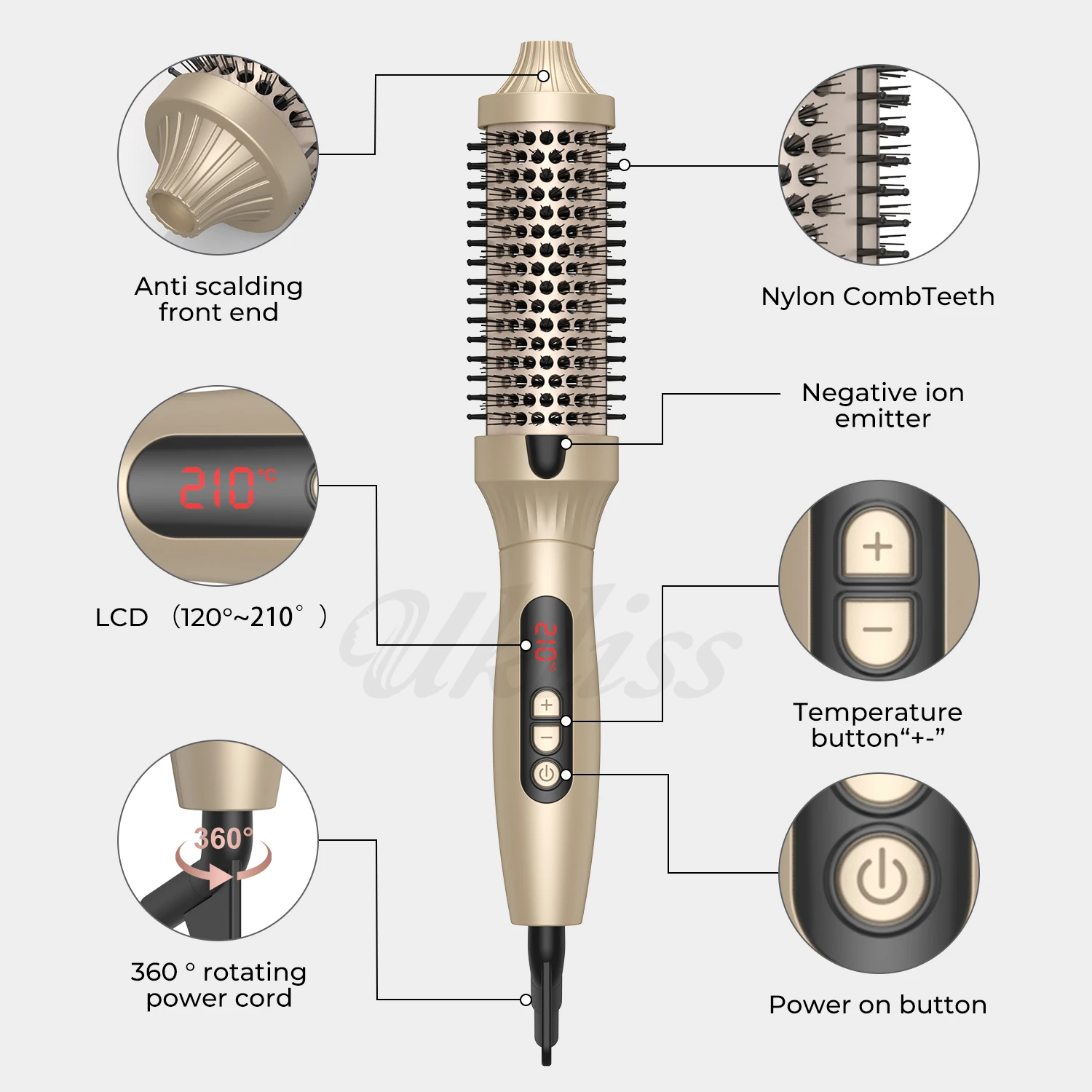 Thermal Brush, 1.5 inch Heated Round Brush,hair curler, Dual Voltage, Gold, Tourmaline Ceramic, Negative Ion Technology