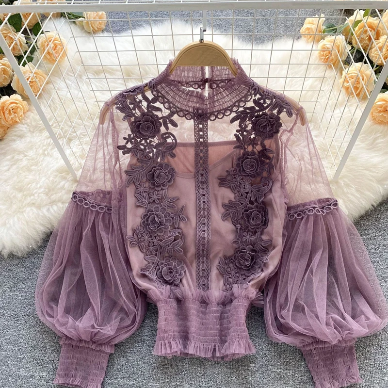 

Spring Summer New Women Elegant Lace Blouses Elegante Casual Lady Long Sleeve Tops