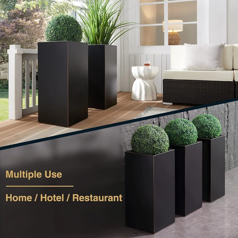 Высокий металлический ящик для цветов на открытом воздухе, 14x14x30 дюймов, матовый вручную золотой край, большая вместимость для уличных растений