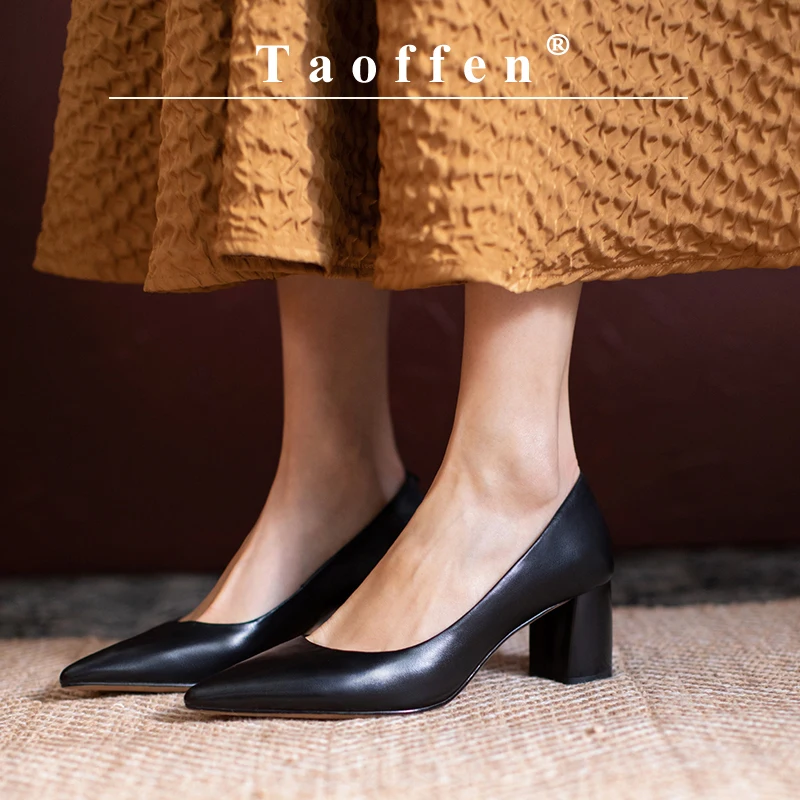 Taoffen Spring/Autumn Women Pumps Real Leather Pointed toe High Heel Fashion Slip On Square Heel Solid Casual Office Lady Shoes