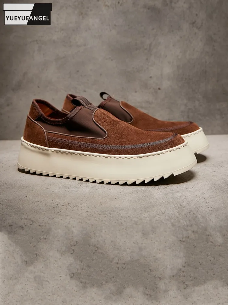 

Versatile Men Fashion Slip On Cow Suede Leather Skateboard Shoes Round Toe Thick Platform Retro Casual Men Comfortable Footwear