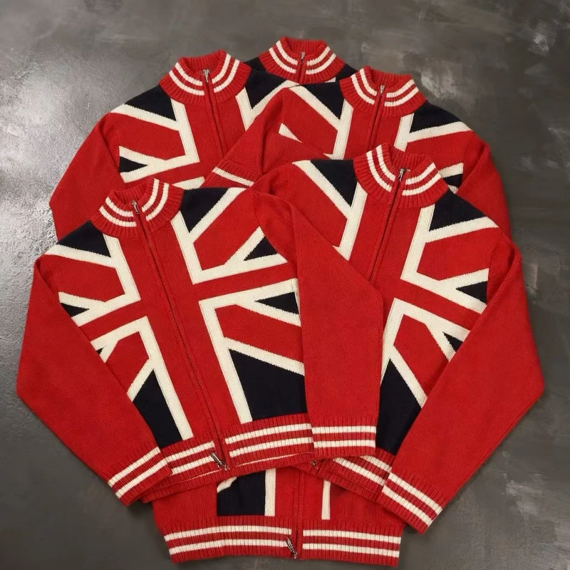 

Вязаный кардиган с рисовым флагом в британском стиле для женщин на осень и зиму, мужской свитер с воротником-стойкой на молнии в стиле ретро