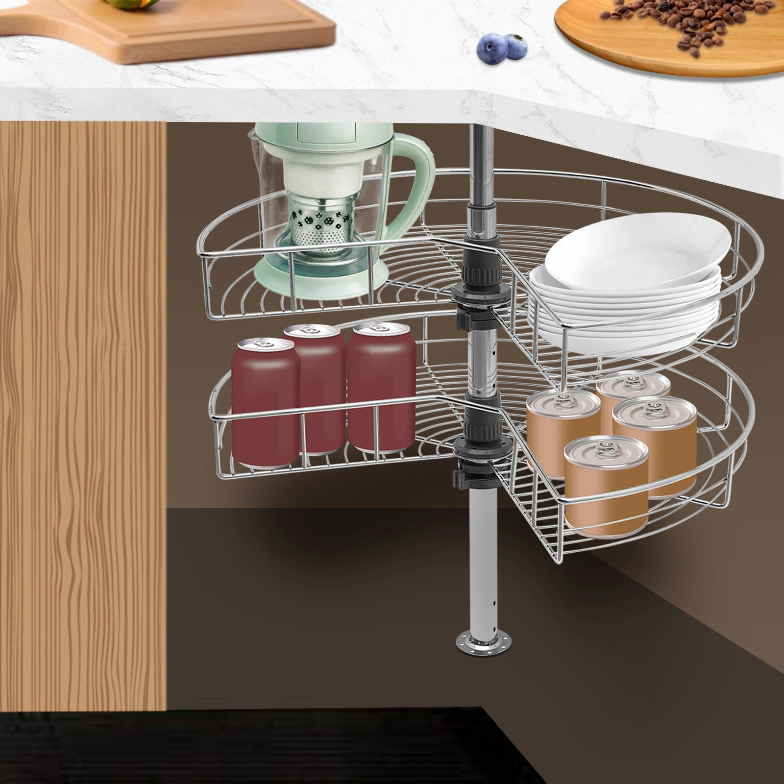 

24in Kitchen Cabinet Blind Corner Shelf 2 Tier Adjustable Kitchen Corner Cabinet Organizer Kitchen Pantry 270° Rotating Basket