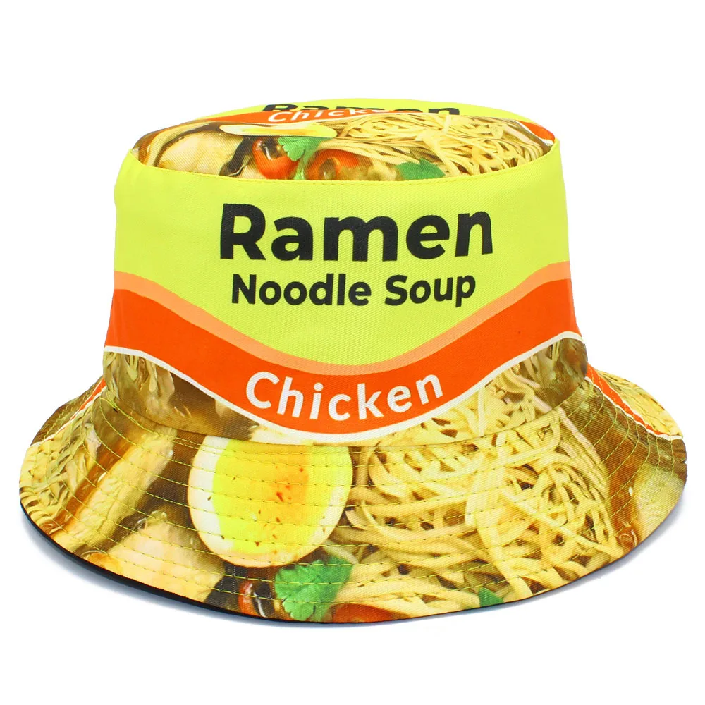Double Sided Reversible Ramen Noodle Soup Bucket Hat Unisex Novelty Food Pattern Foldable Summer Beach Outdoor Party Fisherman
