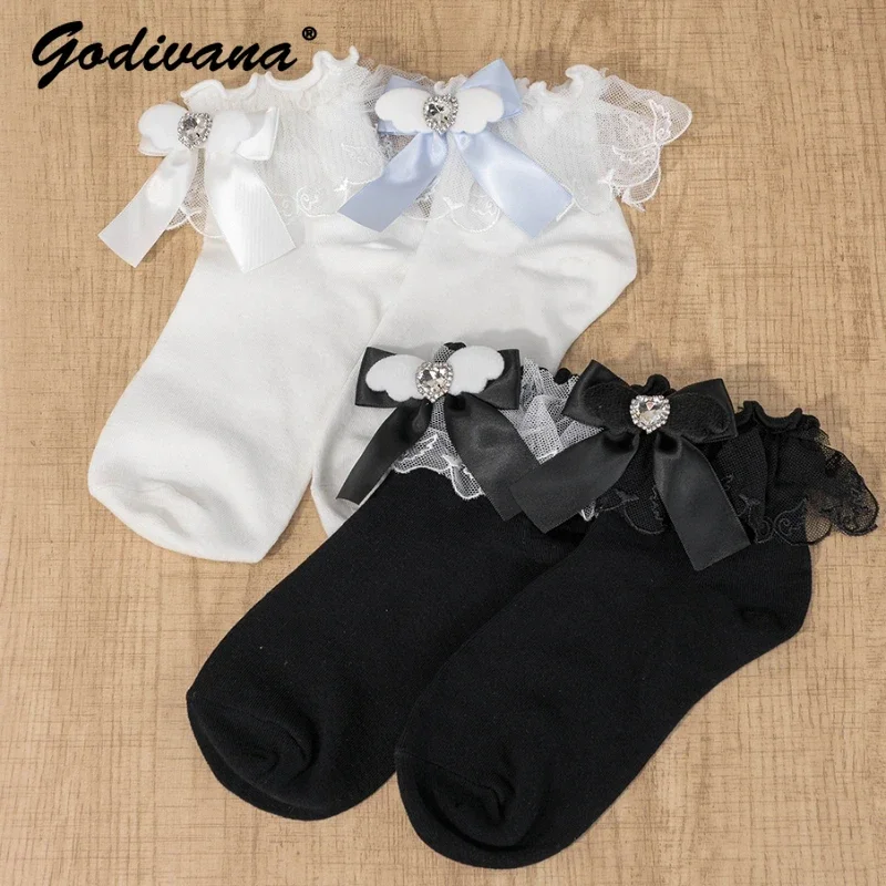 

Japanese Style Mine Bowknot Wings Rhinestone Lace Cotton Socks Student Girls All-match Lolita Mid-Calf Socks Women JK Socks