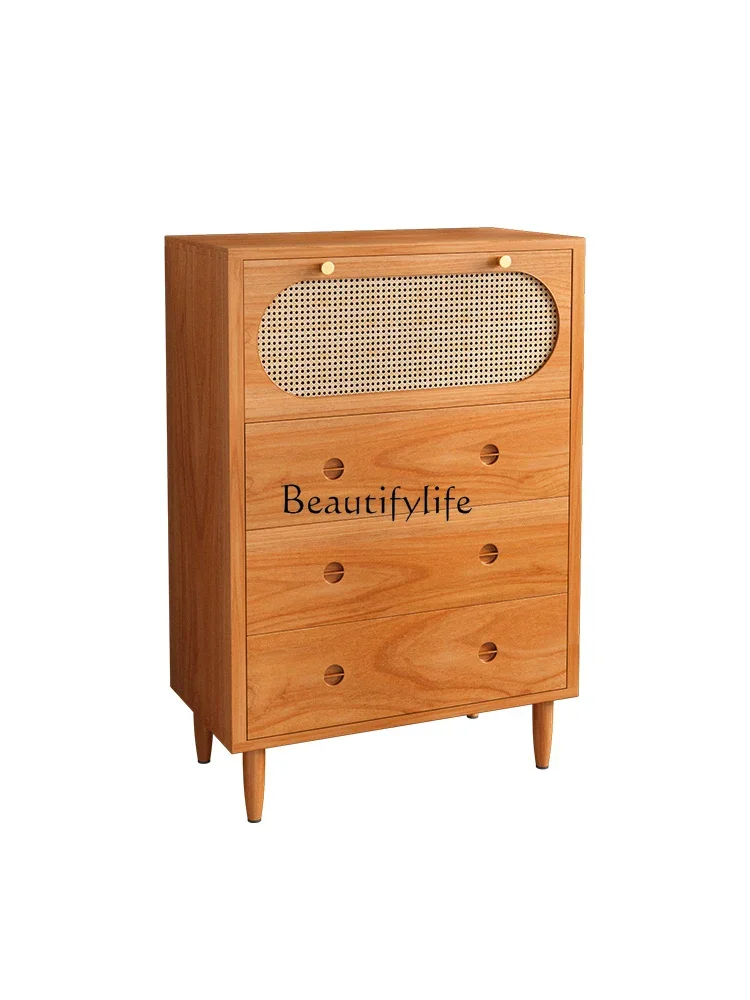 

Solid Wood Four-Drawer Cabinet Nordic Modern Minimalist Log Small Apartment Rattan Living Room Storage Locker