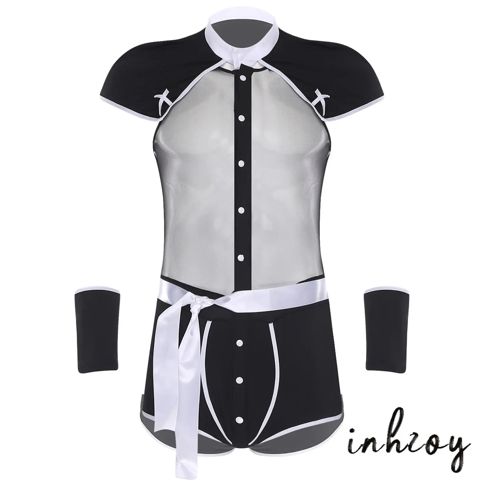 

Mens Club Cosplay Lingerie Costume Sheer Mesh Patchwork Bodysuit with Collar Belt And Gloves Set for Manservant Navy Dress-up