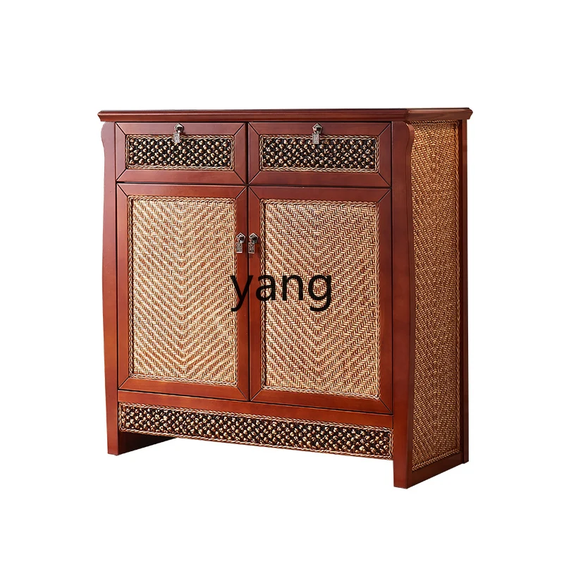 

LXL Wooden Ball Shoe Cabinet Country Home Solid Wood Sideboard Vintage Rattan Hallway Locker