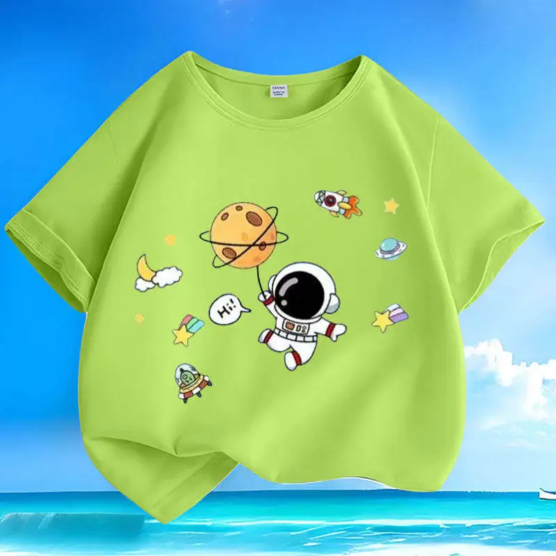 Cotton Summer  Cartoon Space Man Parent Child Short Sleeve Small and Medium Children Round Neck Loose T-shirt Casual Top Trendy