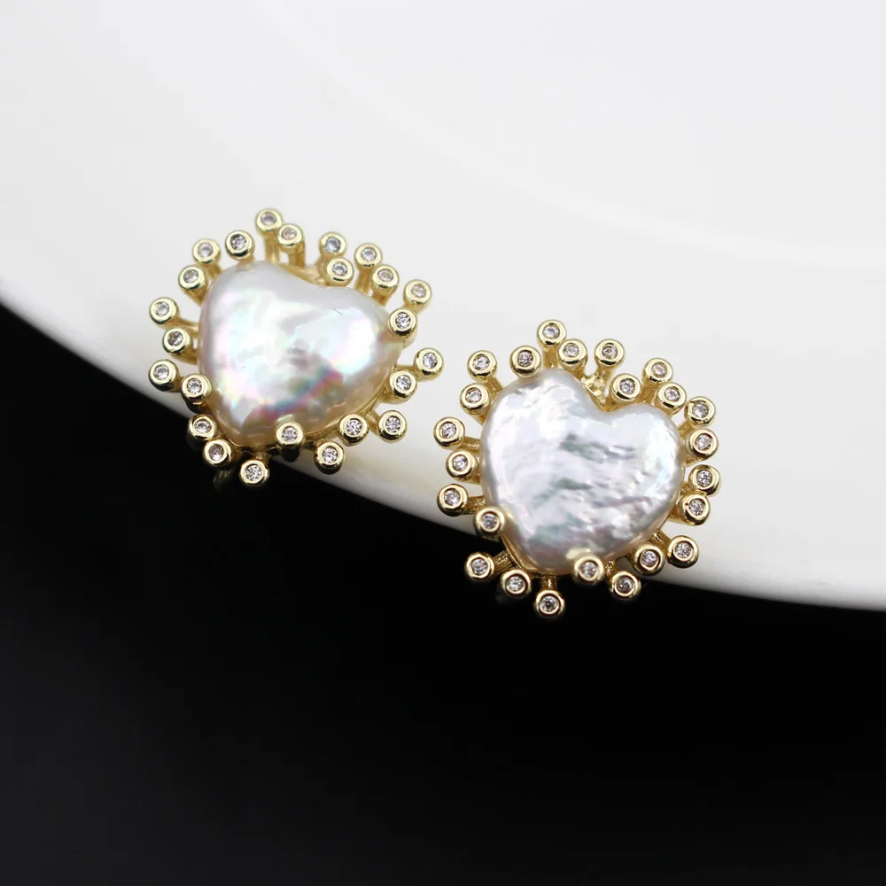 6pair CZ Paved Natural Baroque Pearl Rose Quartz Moon Stone Earrings Post Linker Connectors For DIY Women Drop Earrings