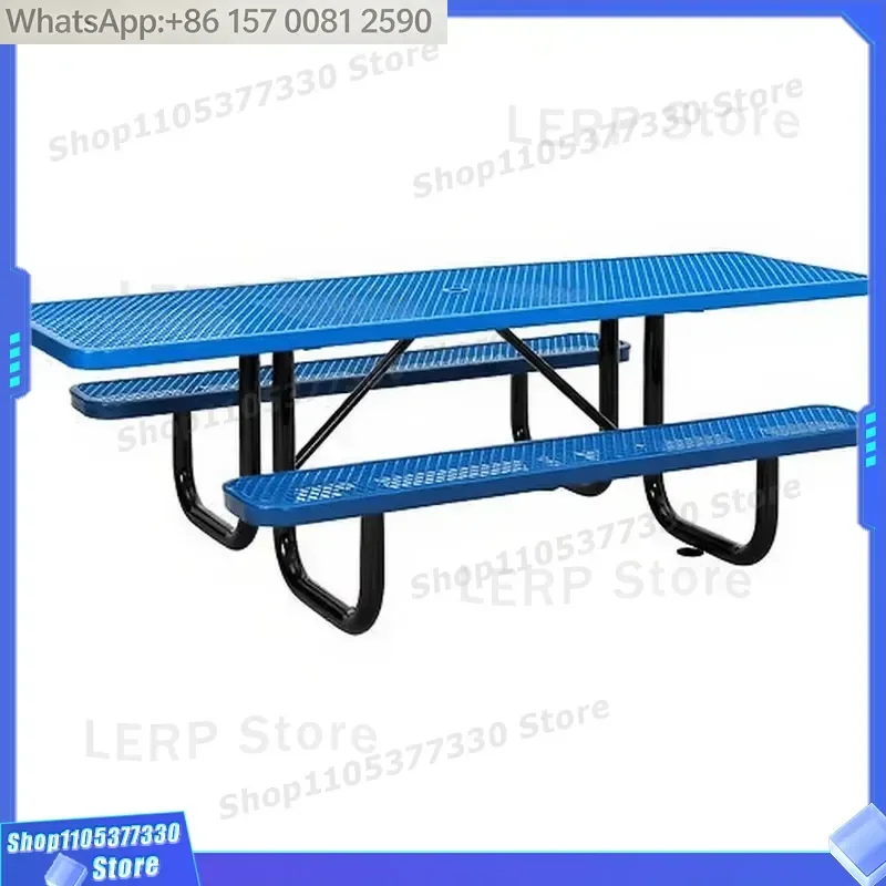 Restaurant External Rectangular Metal Table and Chairs Steel Mesh Garden Picnic Table Anti-rust Dining Table and Bench