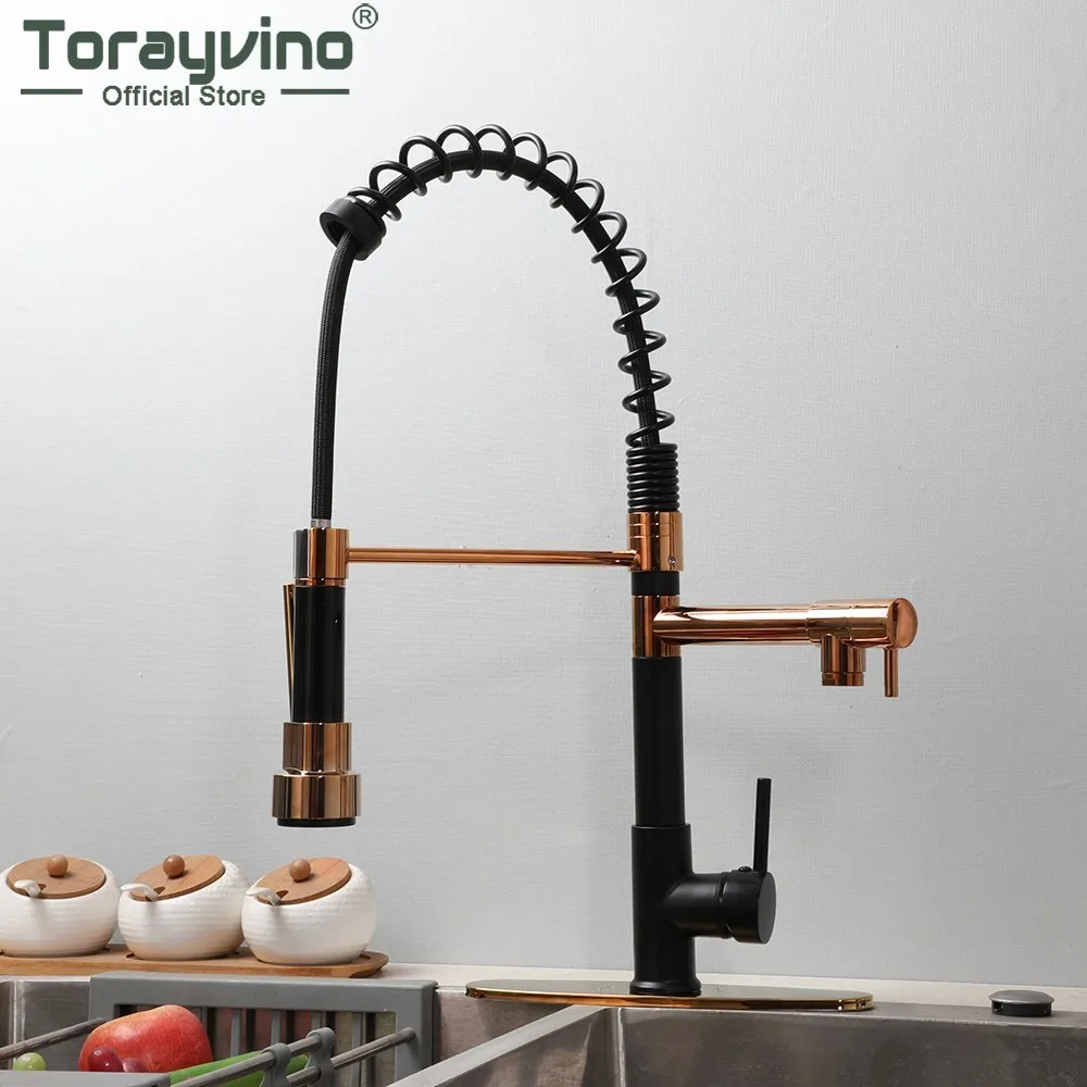 Torayvino Kitchen Rose Gold Sink Faucet two Handle Spring Hot and Cold Water Tap Deck Mounted Bathroom Kitchen Crane
