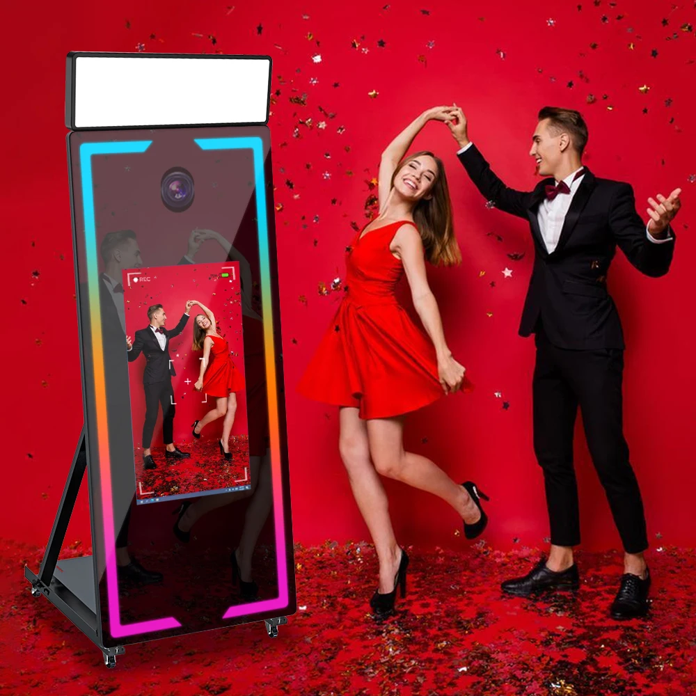 Magic Mirror Photo Booth with Light 65inch 45inch Touch Screen Mirror Photo Booth Machine with Flight Case For Wedding Party