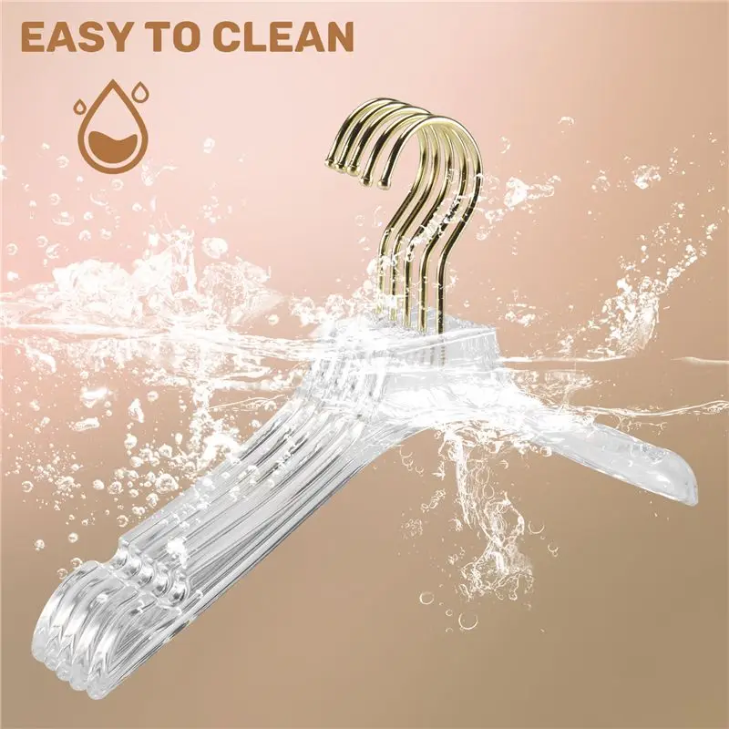 5 Pcs Clear Clothes Hangers With Gold Hook, Transparent Shirts Dress Coat Hanger With Notches For Lady Kids Eco-Friendly