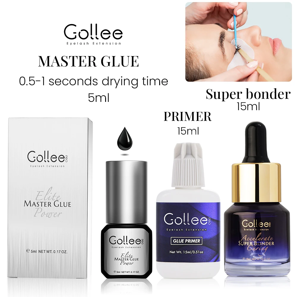 Gollee 0.5s Drying Eyelashes Extension Glue Latex Free 15ml Eyelash Cleansing Primer Lasting 6-8 Weeks Professional Super Bonder