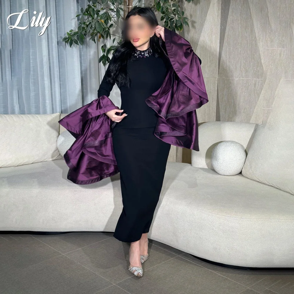 Lily Black Robe De Soirée Prom Dress High-neck Formal Gown Puffy Sleeve Pleats Satin Trumpet Crystal Evening Dress Customized