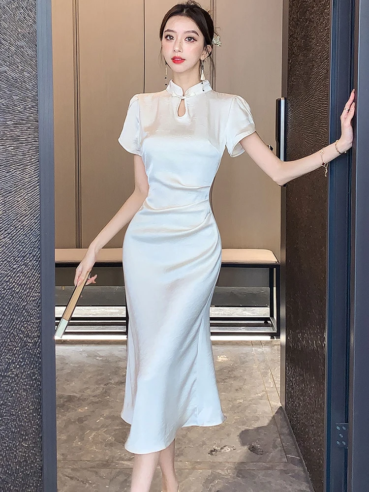 الصيف خلات الساتان الجاكار خمر شيونغسام فستان المرأة أنيقة Bodycon ثوب فاخر 2025 الكورية خمر مهرجان فستان الحفلات #6