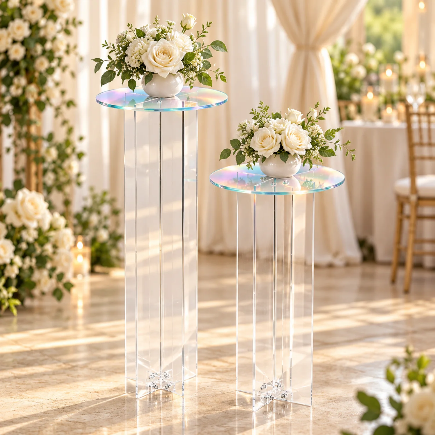 Set of 2 Iridescent Acrylic Pedestal Stands, 60/80cm Tall Round Flower Display Stands for Weddings, Events & Home Decor