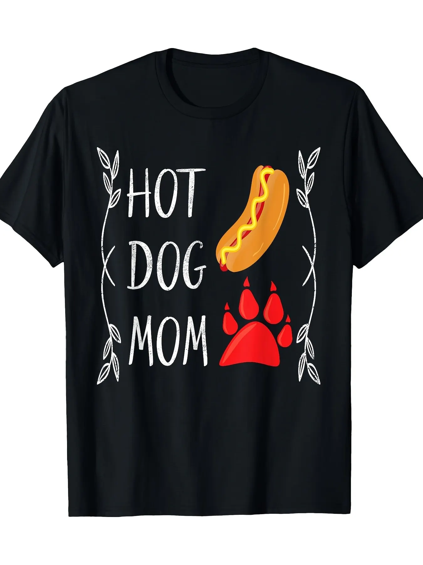 Camiseta con estampado de mamá de Hot Dog para mujer, camiseta informal de manga corta de punto con divertido diseño de estampado de perritos calientes y patas, traje negro para dueño de mascotas