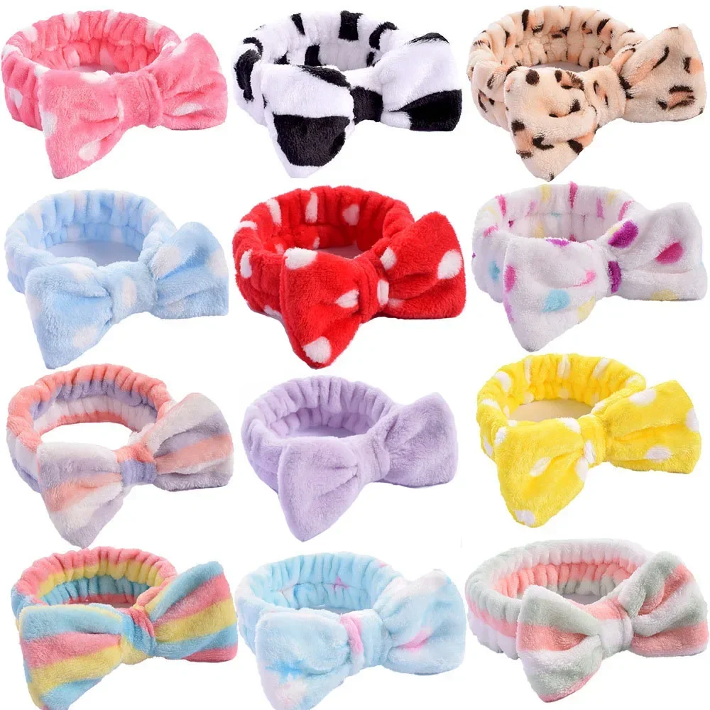 Stripe Polka Dots Leopard Coral Fleece Soft Headband Cross Top Knot Hairband Women Girls Wash Face Spa Headwear Hair Accessories