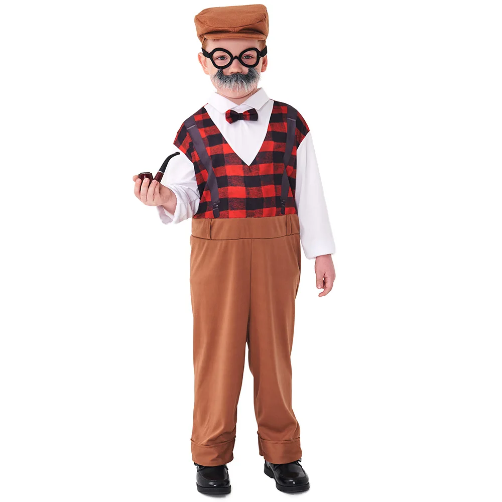 Beard Centenarian Halloween Cosplay Costume for Boy Plaid Jumpsuit with Hat and Glasses Kids Children Day Stage Show Costume