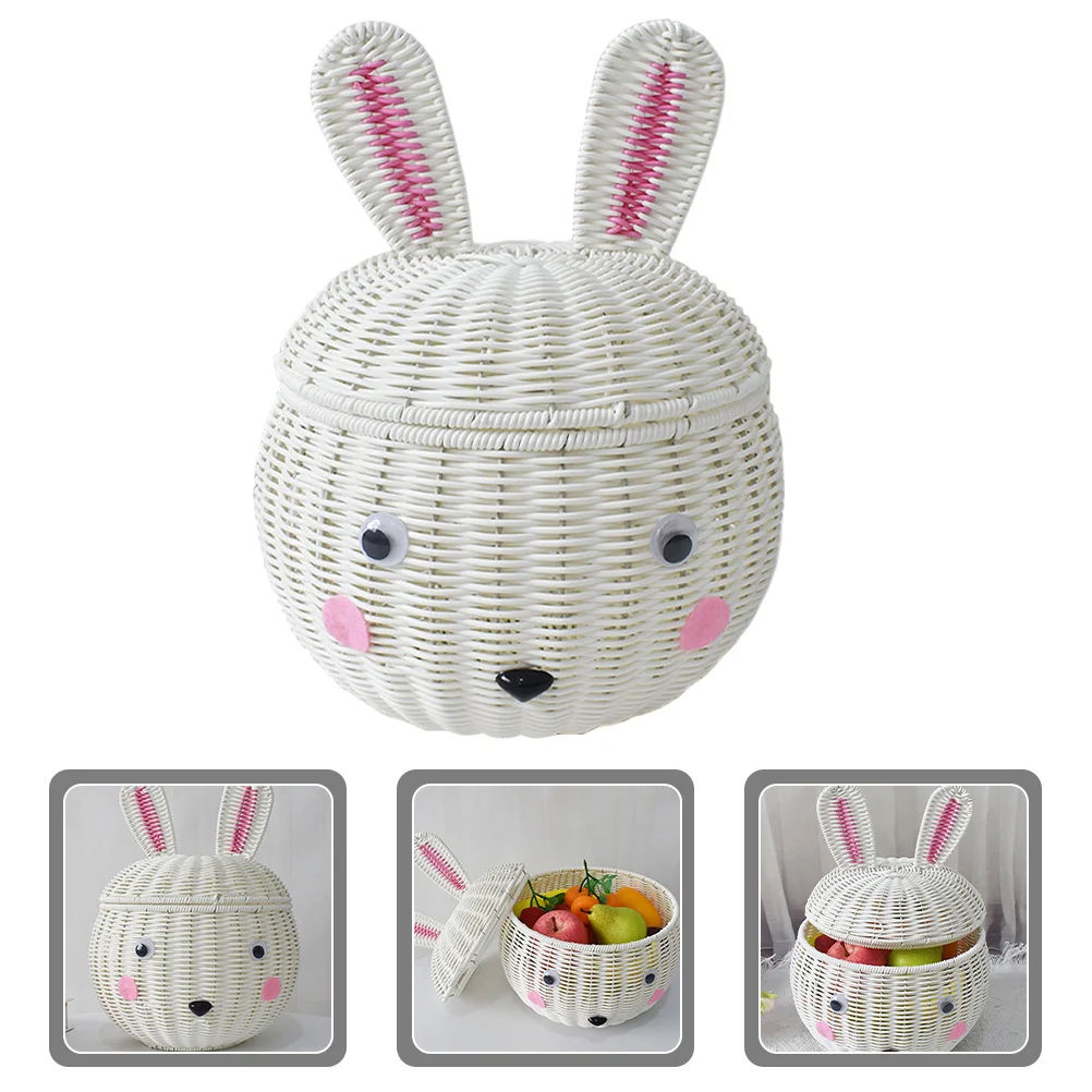 

Lidded Storage Basket Cartoon Rabbit Imitation Rattan Sturdy Desktop Basket for Jewelry Snacks Fruit Keys Storage