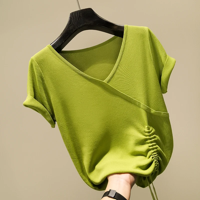 Maglietta lavorata a maglia Mujer Top verde maglietta a maniche corte sottile estiva 2024 magliette Casual con coulisse abbigliamento donna moda