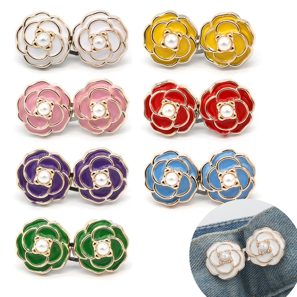 EQUBO 1/2Set Adjustable Tightener Waist Buckle for Jeans No Sewing Required Flower Button Adjuster for Pants and Skirt Waist