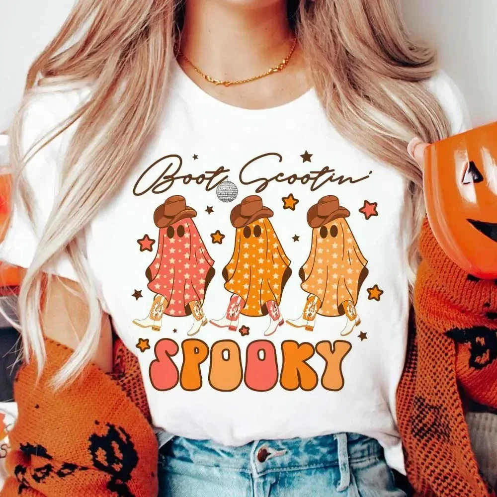 Fashion Women's Short Sleeved Cartoon Funny Boot Scoutin Spooky Cowboy Ghost Pattern T-Shirt Printed Basic Summer Casual T-Shirt