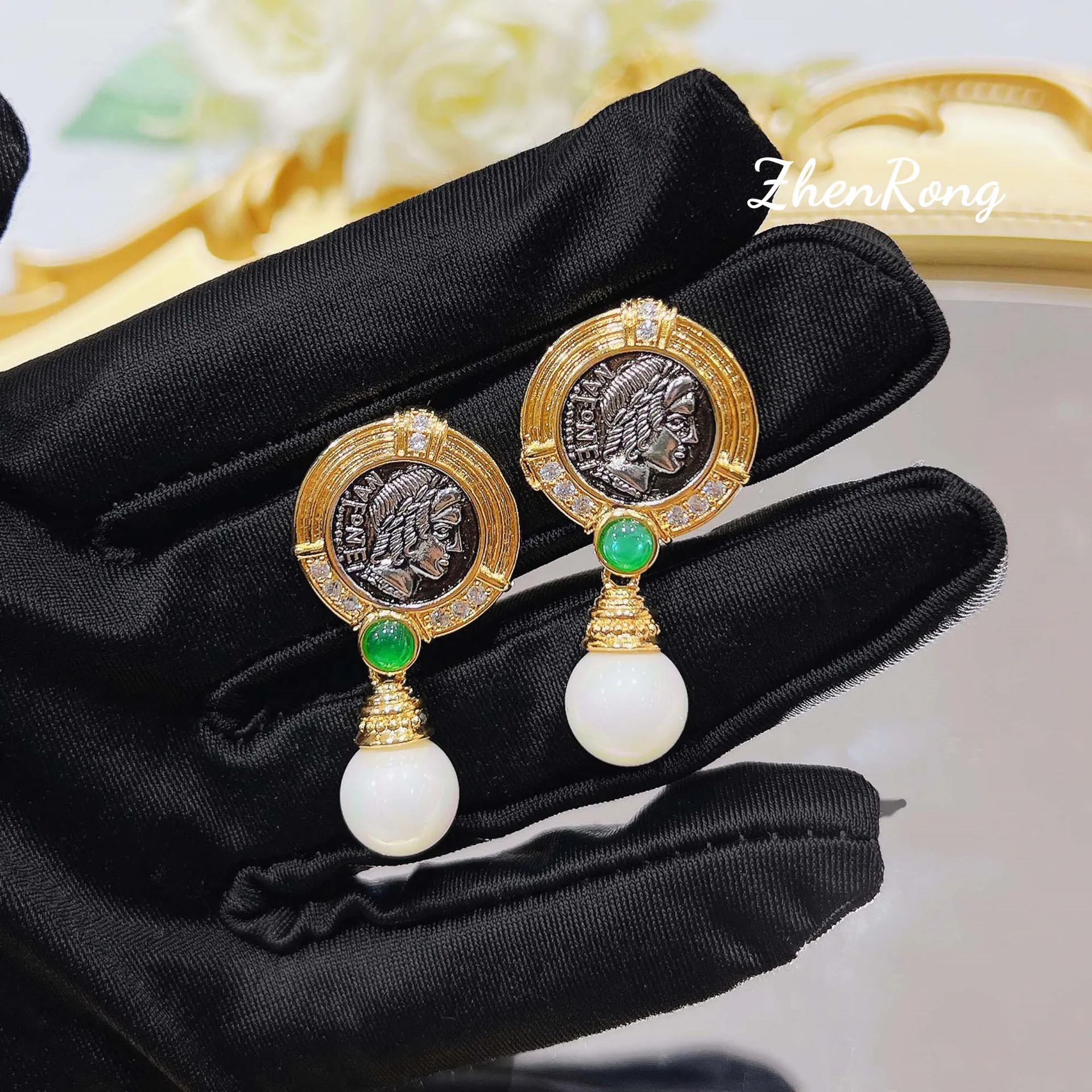 Foydjew French Style Vintage Jewelry Exquisite Relief Sun God Apollo Portrait Ancient Coins Pearl Drop Dangle Earrings For Women