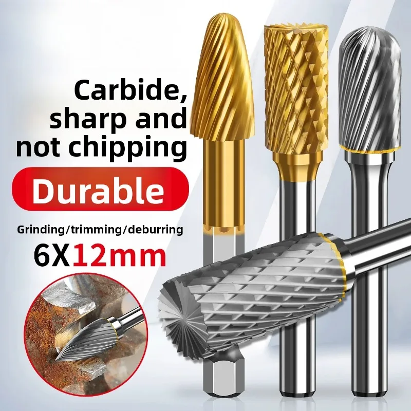 Carbide Rotary Burr Set 6*12mm Shank Tungsten Steel Grinding Head / Drill Bits for Metal Deburring Polishing Carving