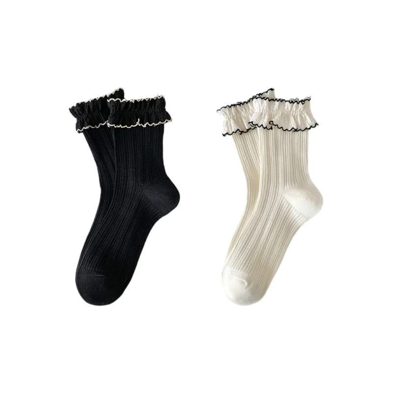 Cotton Socks for Women Korean Black White Lace Ruffle Turn-Cuff Ankle Socks Princess Frilly Middle Tube Socks