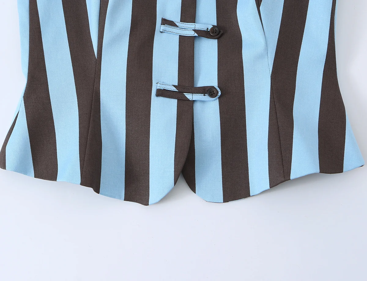 TFMLN Damen Gestreiftes Set Schickes Ärmelloses Oberteil mit Froschknöpfen Gerade Hose Lässige Einreihige Schlanke Bluse Damen-Outfit Neu – Detail 7