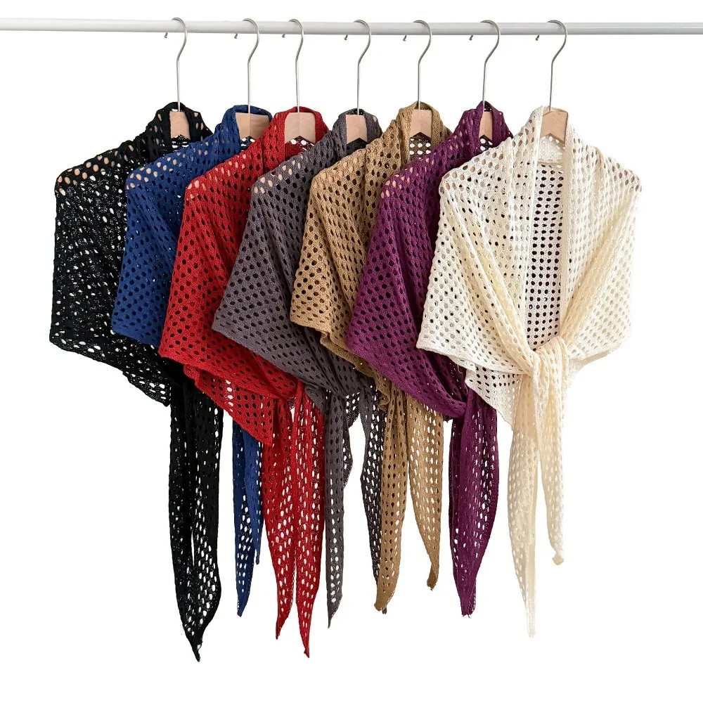 Fashion Hollow Out Triangle Scarf Shawl Solid Color Breathable Knitted Scarf Lightweight Sun Protection Women Shawl Wrap