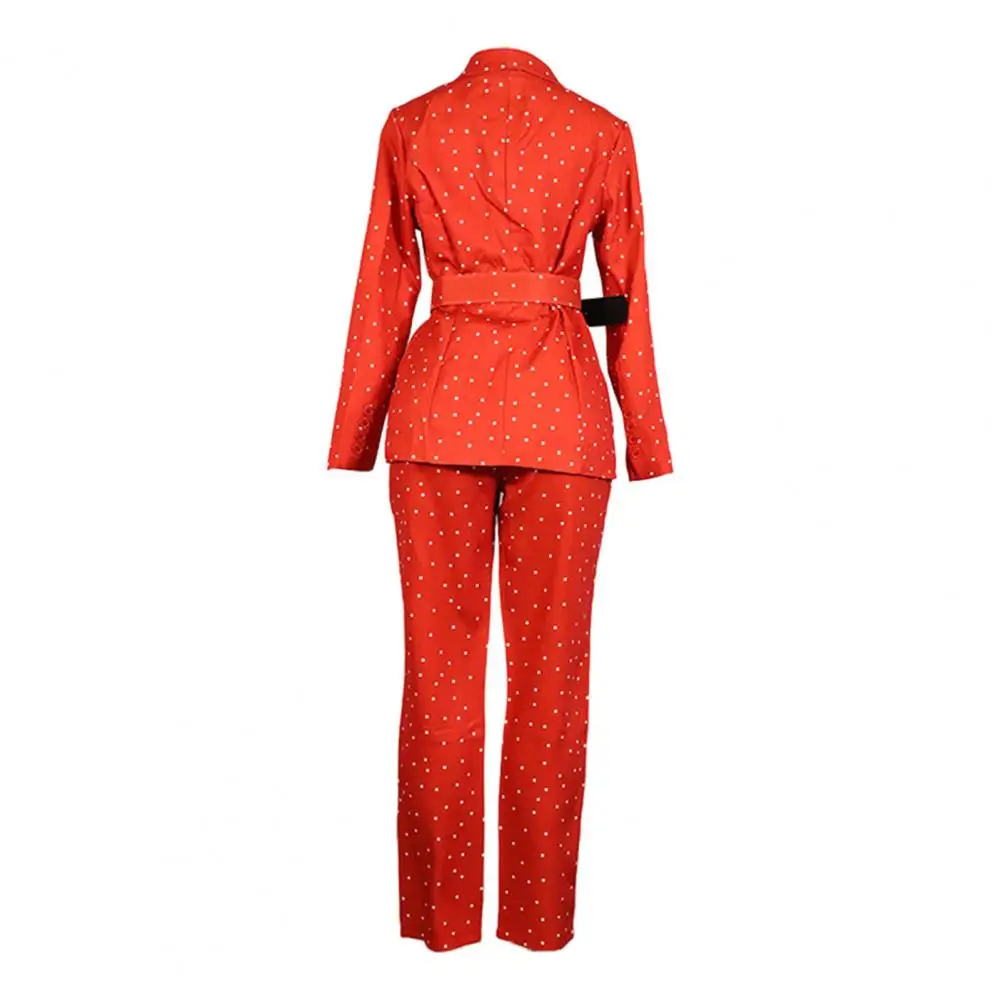 Autumn Women Suit Formal Business Style Women's Coat Pants Set with Belted Tight Waist Long Sleeve V Neck Dot Print for Ol